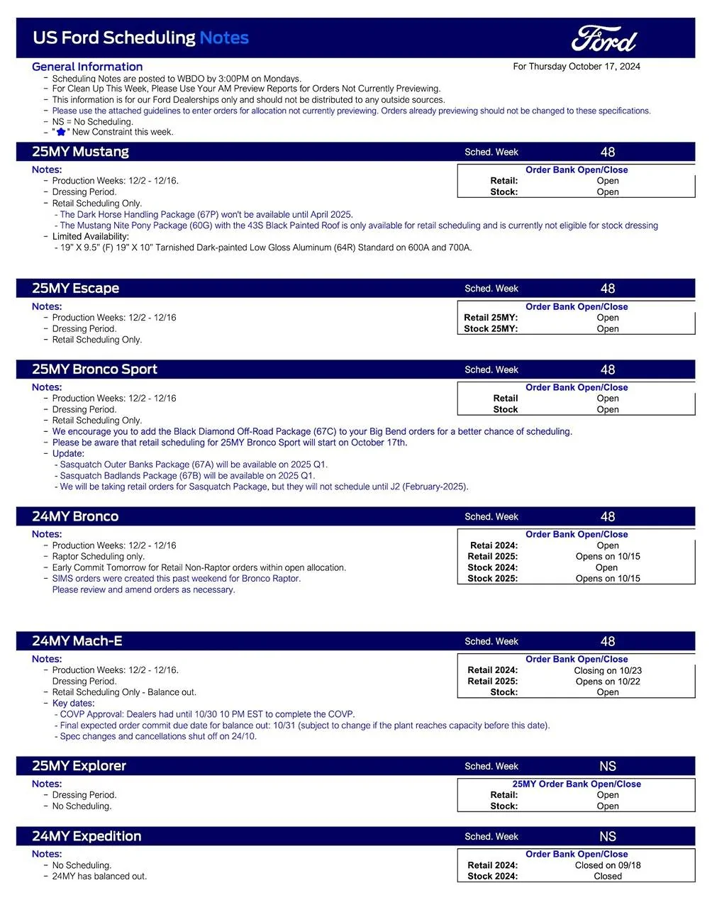 Ford Ranger 2024 Ranger Scheduling This Week (10/17/24) for Production Weeks 12/2 - 12/16 US Ford Scheduling Notes - 10.14.24-1