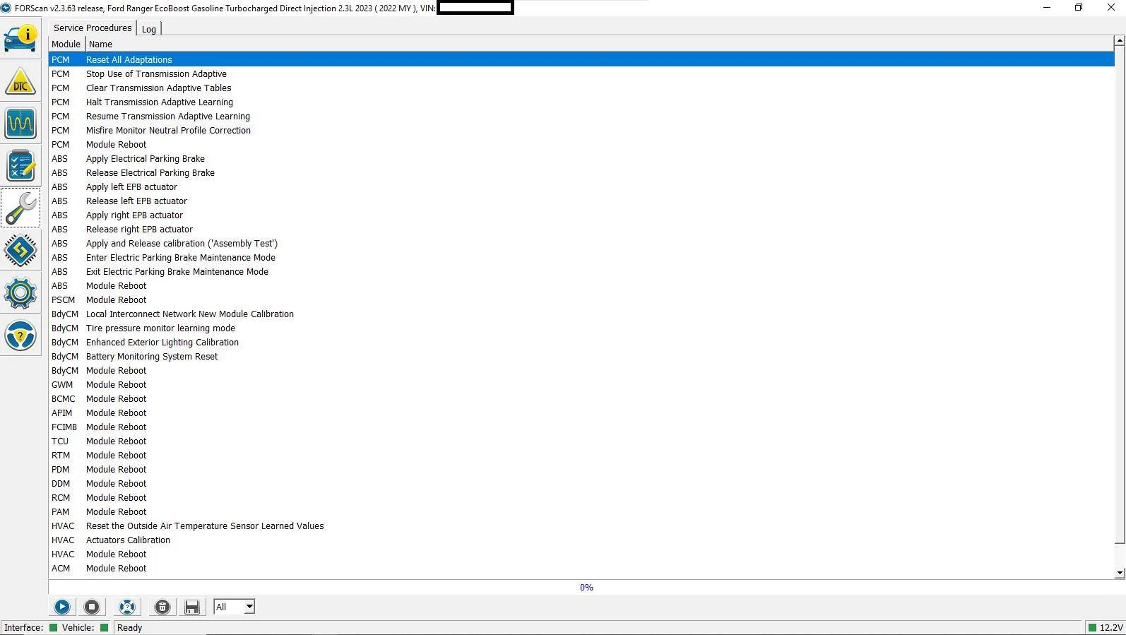 Ford Ranger PATS in service menu Wrench menu Forscan 2