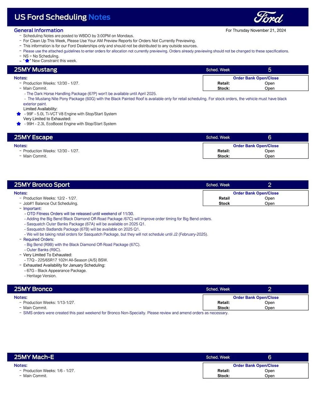 Ford Ranger 2025 Ranger Scheduling This Week (11/21/24) for Production Weeks 1/13-1/27 US Ford Scheduling Notes - 11.18.24-1