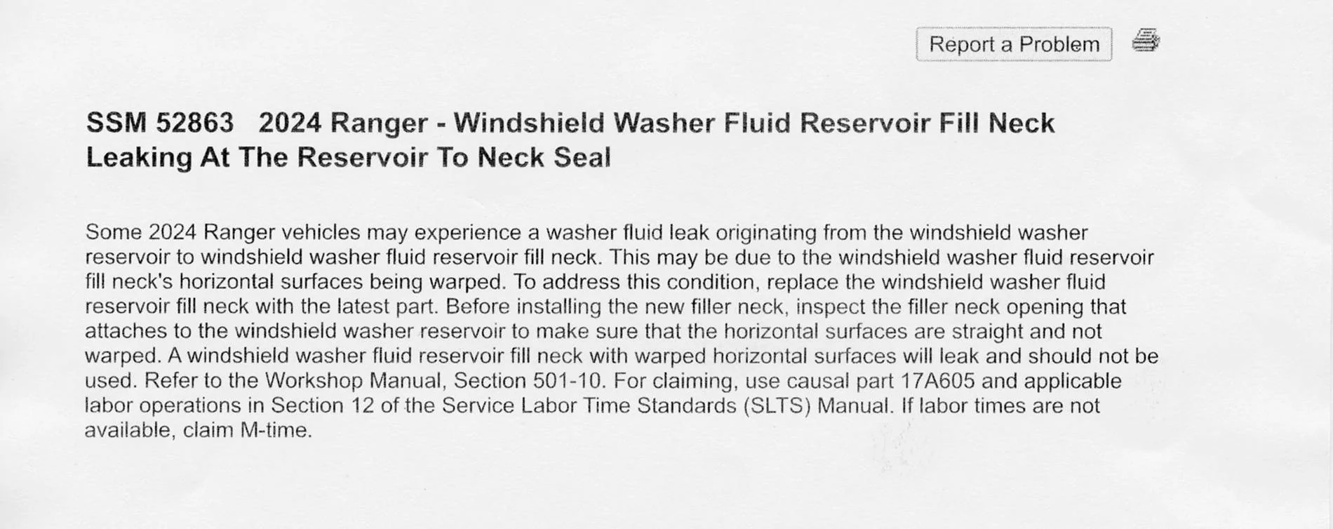 Ford Ranger Faulty washer fluid sensor? SSM 52863