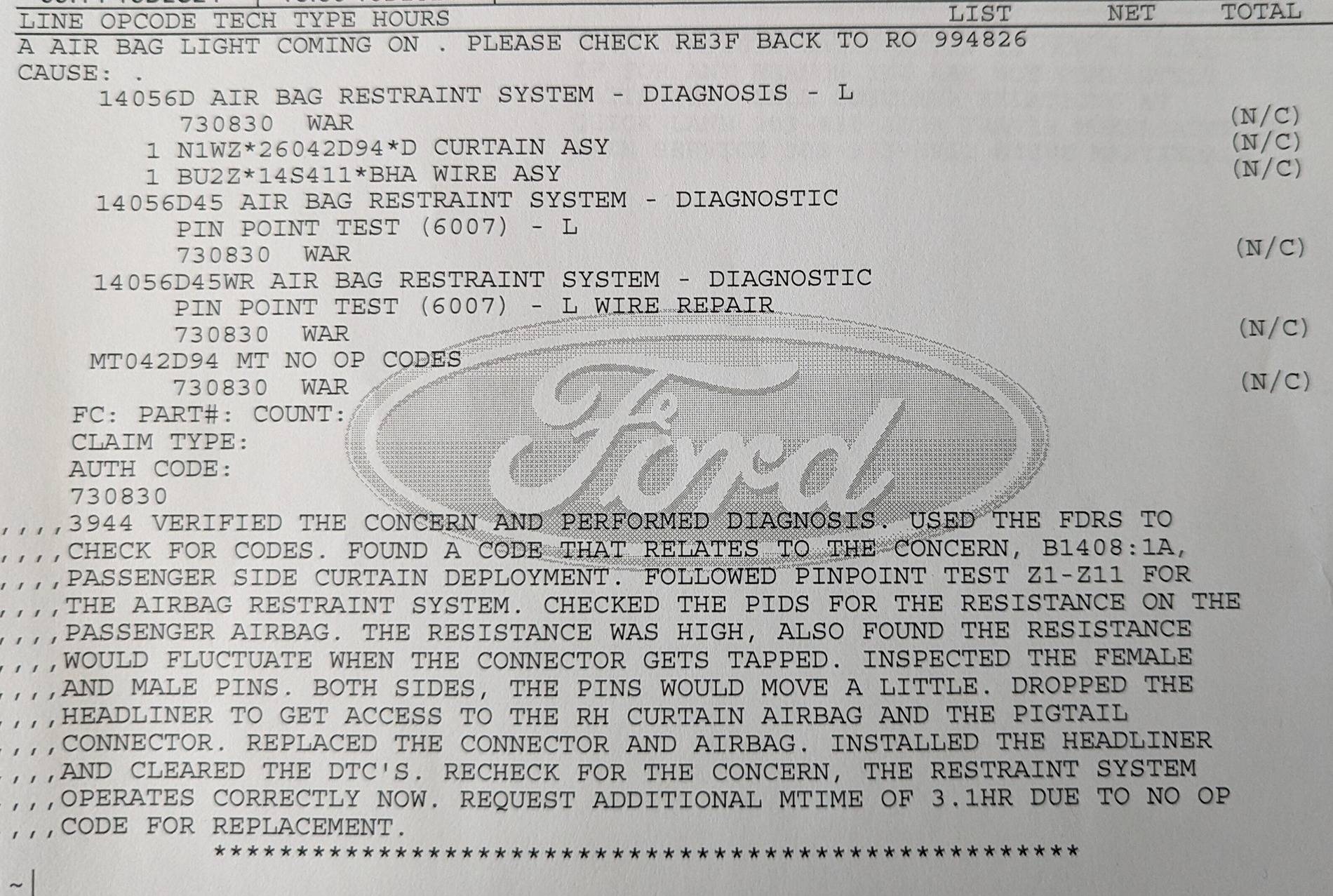 Ford Ranger Passenger Ain Curtain(Air Bag) Circuit invoice