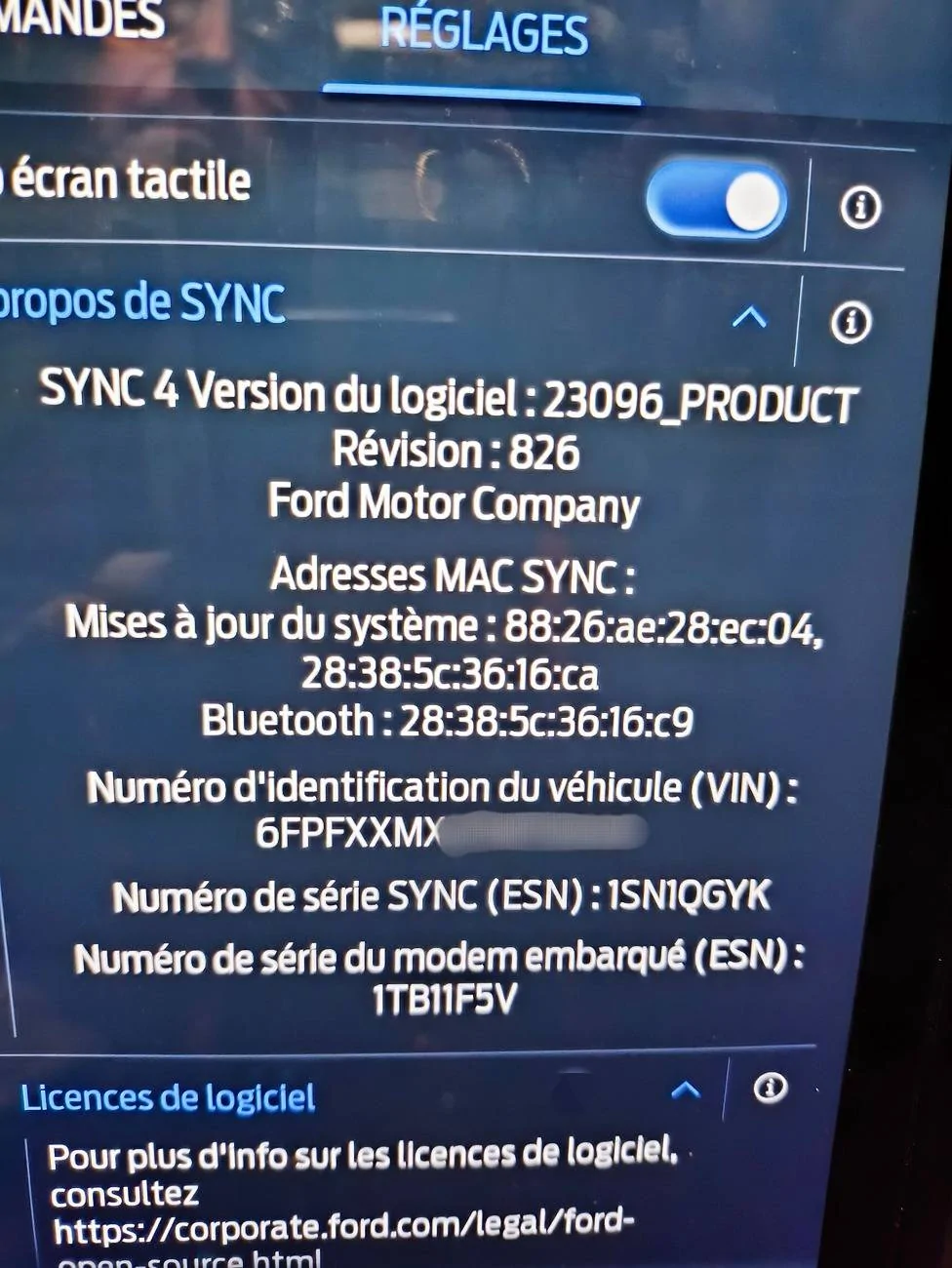 Ford Ranger Main display software versions 1000022040