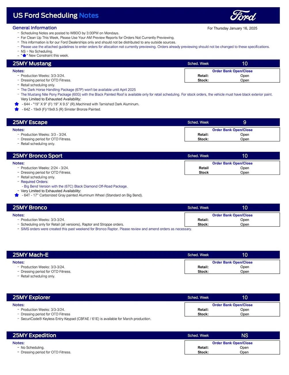Ford Ranger 2025 Ranger Scheduling This Week (1/16/25) for Production Weeks 3/3 - 3/24/25 US Ford Scheduling Notes - 1.13.25-1