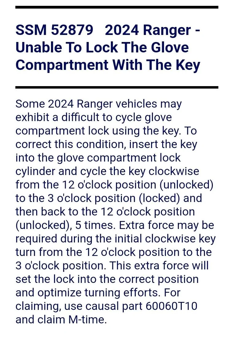 Ford Ranger Glove Box Lock doesn't work with factory keys? 1000011365