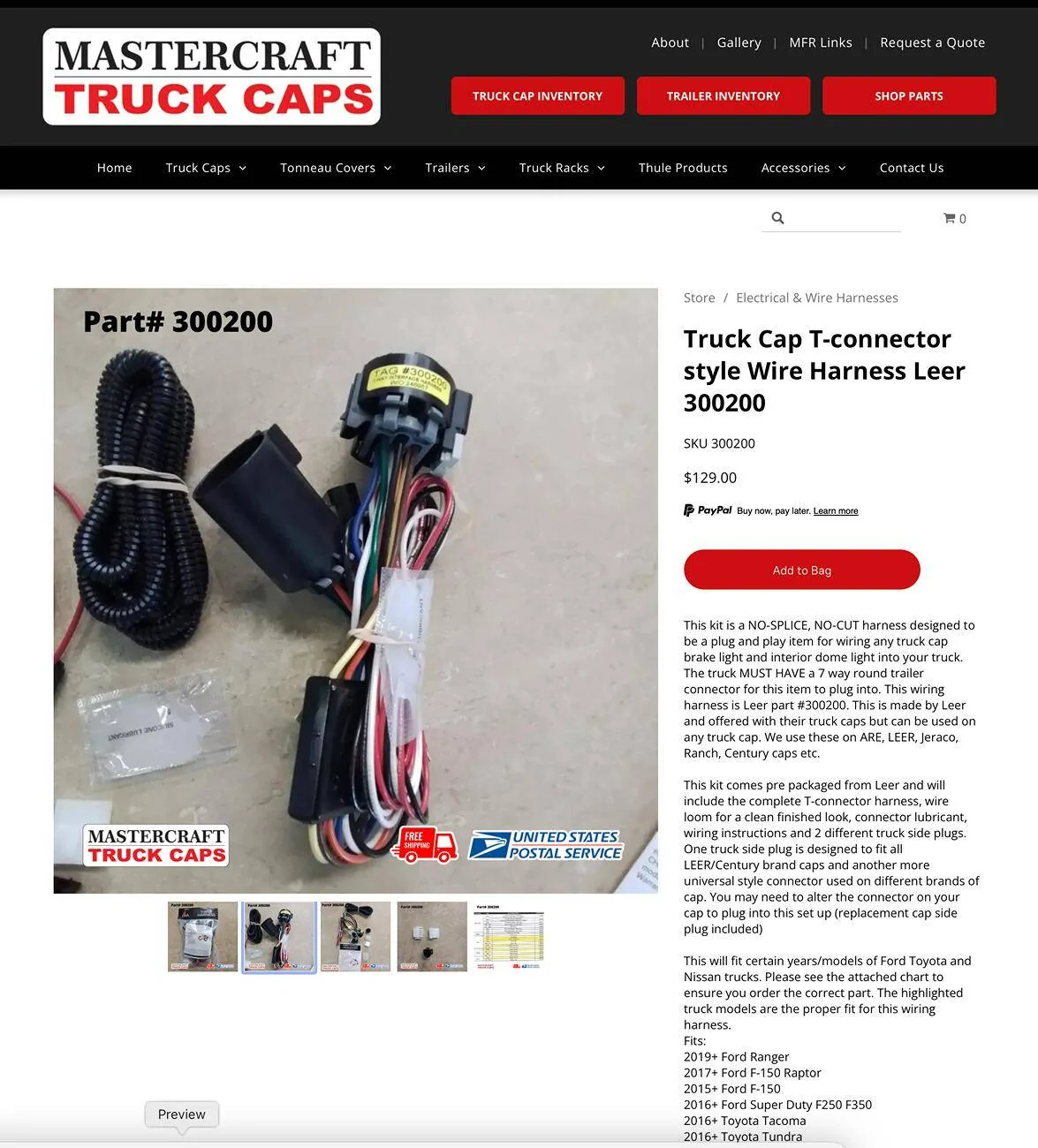 Ford Ranger Plan to install a Leer Harness 300200 for my third brake light, I have a 12 volt power question Truck Cap T-connector style Wire Harness Leer 300200 $129