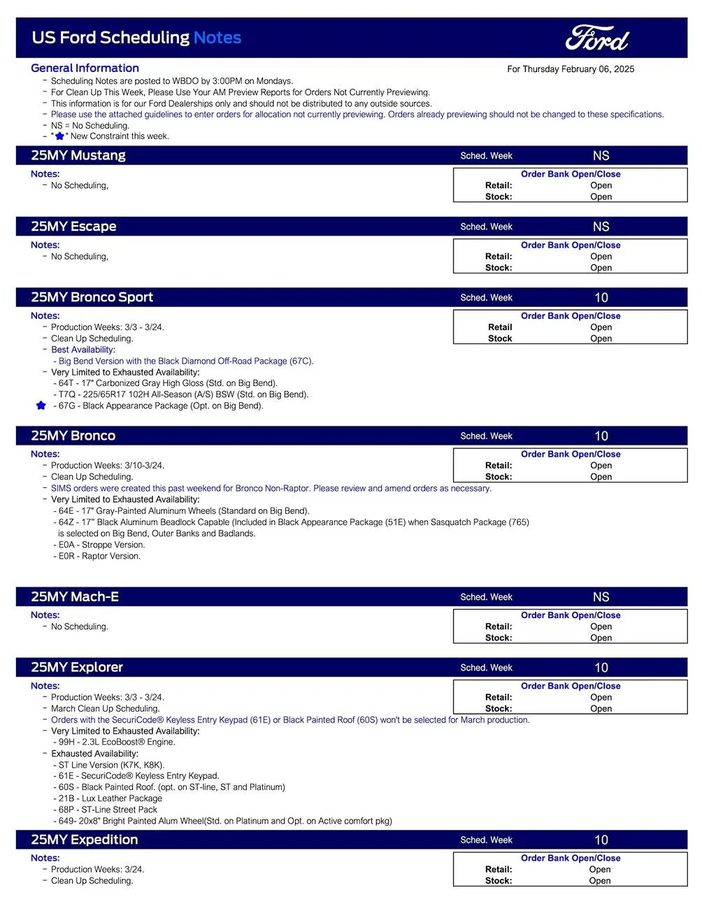 Ford Ranger 2025 Ranger Scheduling This Week (2/6/25) for Production Weeks 3/10 - 3/24 US Ford Scheduling Notes - 2.3.25-1