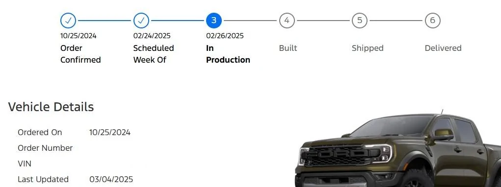 Ford Ranger 2025 Order update Ranger Raptor Build Tracker