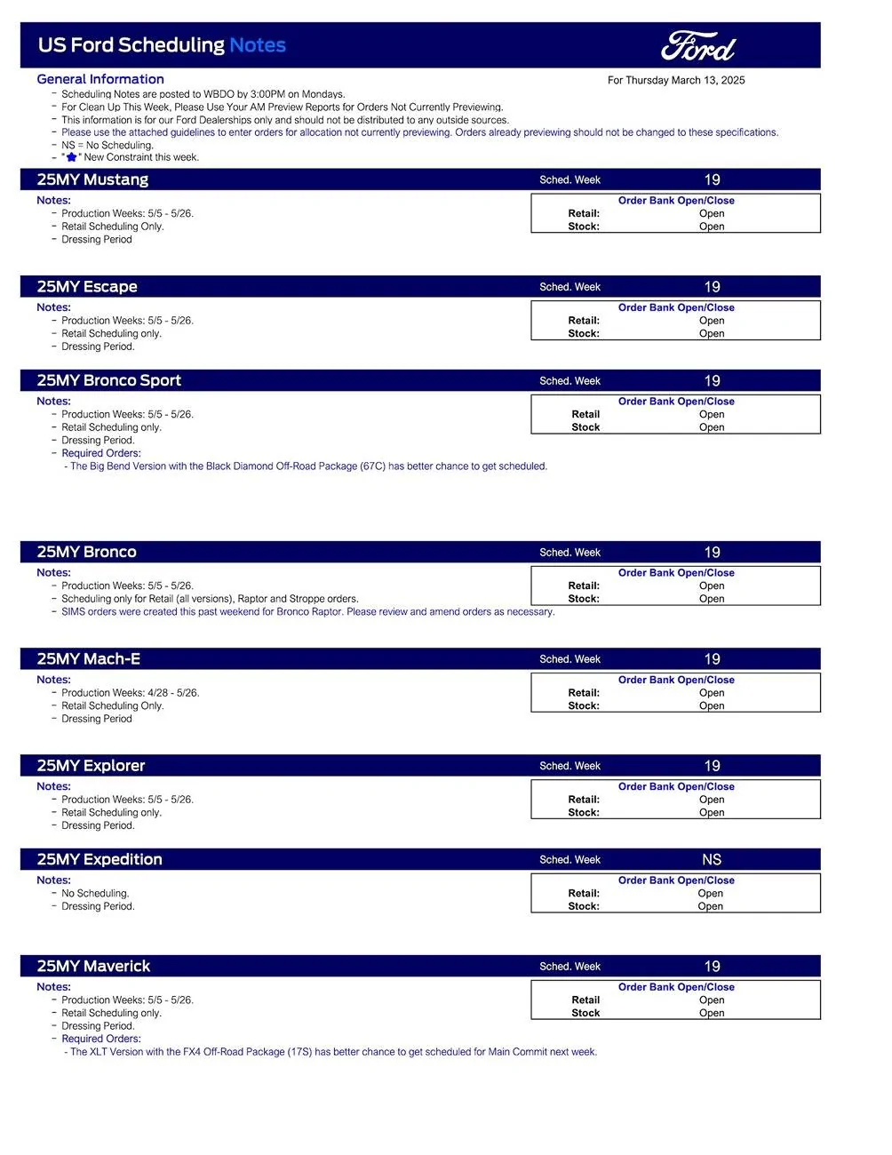 Ford Ranger 2025 Ranger Scheduling This Week (3/13/25) for Production Weeks 5/5 - 5/26 US Ford Scheduling Notes - 3.10.25-1