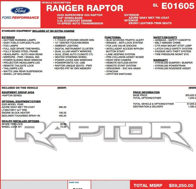 Ford Ranger 2025 Azure at MSRP RAPTOR