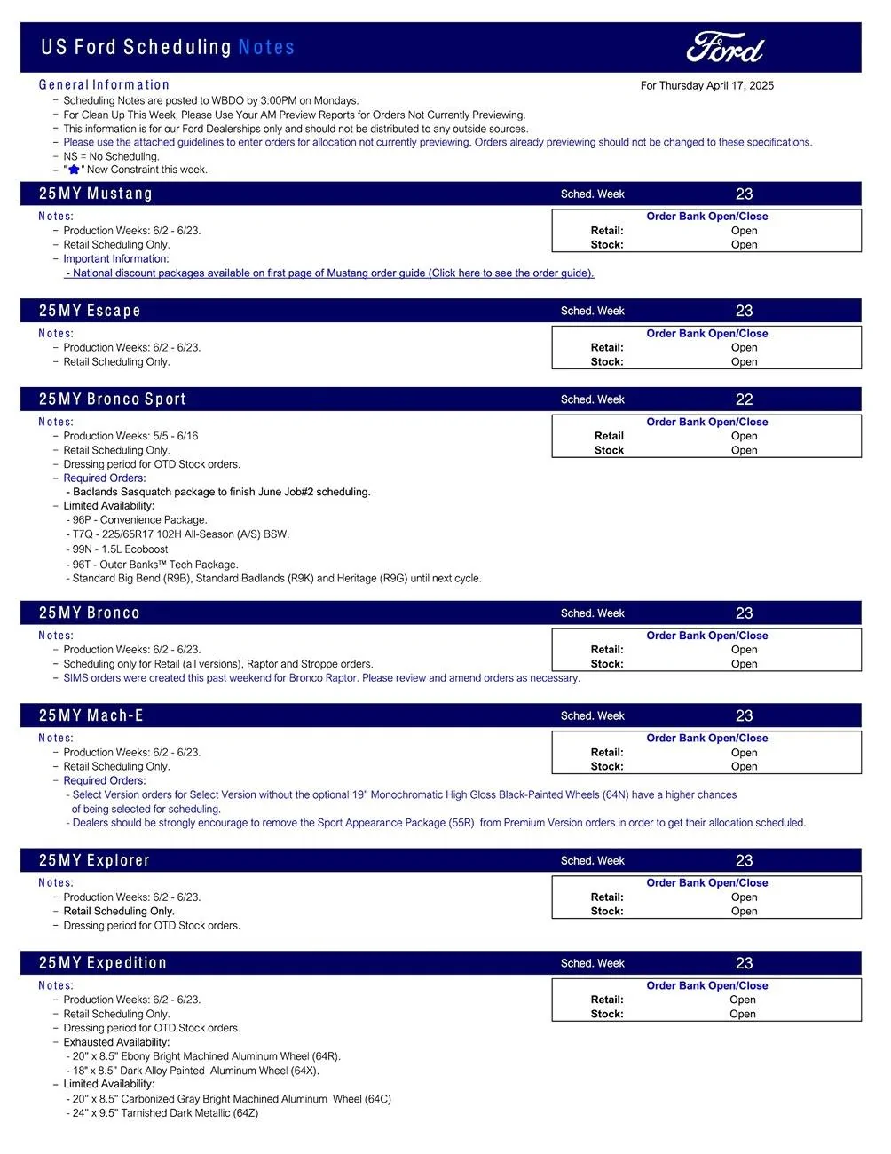 Ford Ranger 2025 Ranger Scheduling This Week (4/17/25) for Production Weeks 6/2 - 6/23 US Ford Scheduling Notes - 4.15.25-1