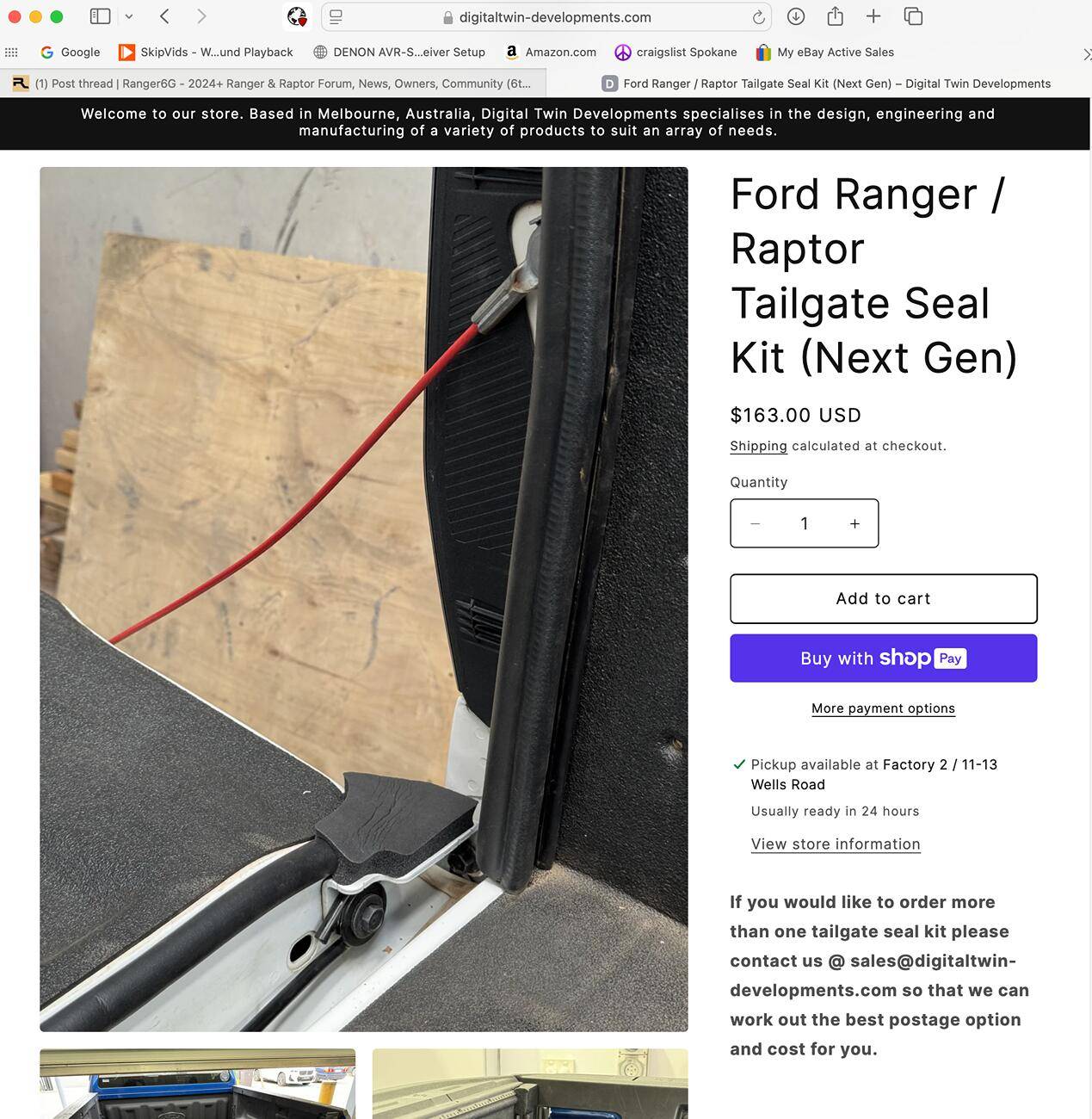 Ford Ranger Will ship - Digital Twin Developments Ranger Tailgate Seal Kit - US$120 plus USA shipping, no tax Screenshot 2025-04-19 at 3.18.23 PM