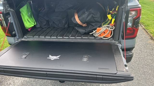 Ford Ranger storage option for gap betw rear seat and C pillar? Tremor Tailgate tool box installation complete 1