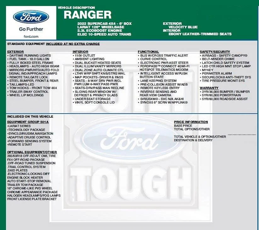 Ford Ranger 2022 Ranger Lariat SCAB with Tremor suspension and topper 2022 Window Sticker Features