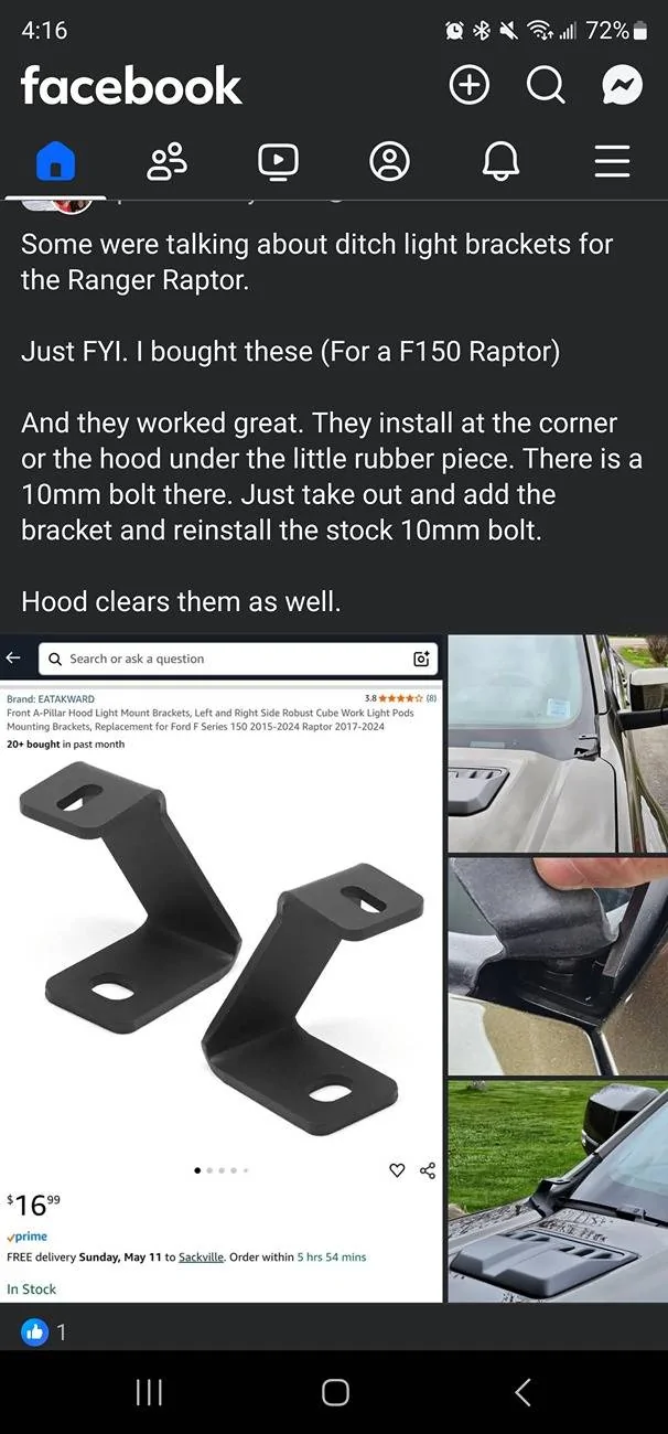 Ford Ranger Ditch Light / A Pillar Light Brackets Screenshot_20250509_161601_Facebook