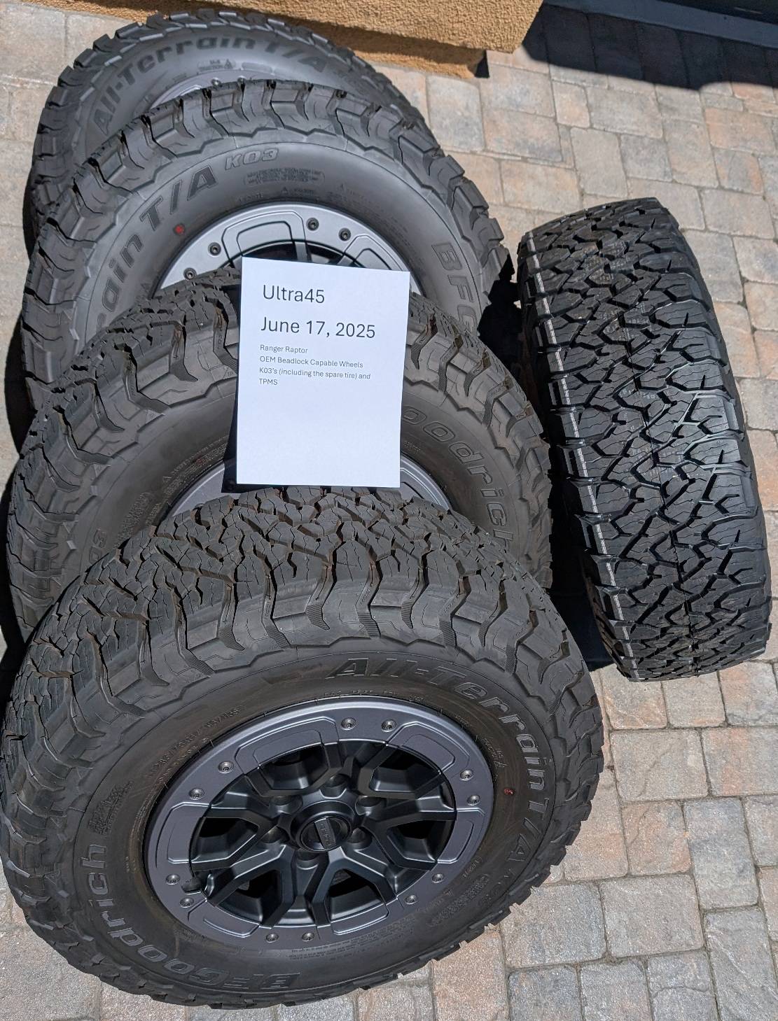 Ford Ranger SF Bay Area:  RR OEM Beadlock Capable Wheels, K03 Tires (plus Spare tire) and TPMS Sensors PXL_20250617_193146250.MP