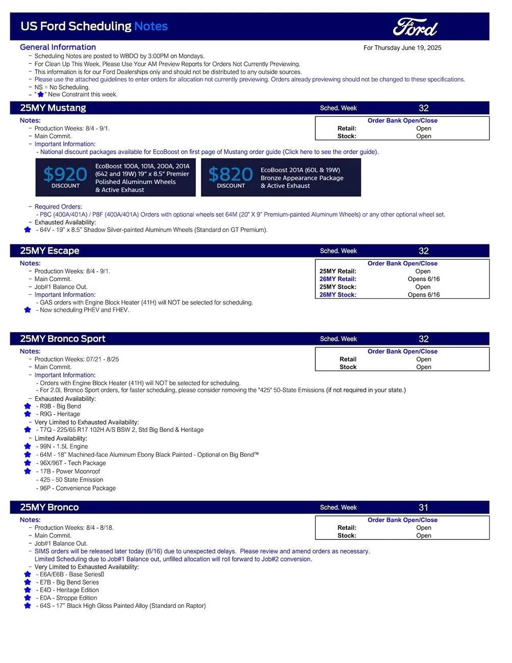Ford Ranger 2025 Ranger Scheduling This Week (6/19/25) for Production Weeks 8/4 - 8/18 US Ford Scheduling Notes - 6.17.25-1