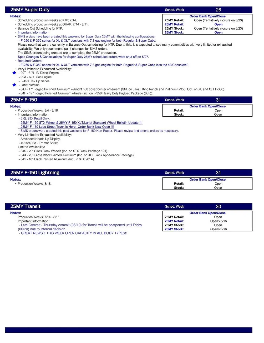Ford Ranger 2025 Ranger Scheduling This Week (6/19/25) for Production Weeks 8/4 - 8/18 US Ford Scheduling Notes - 6.17.25-3