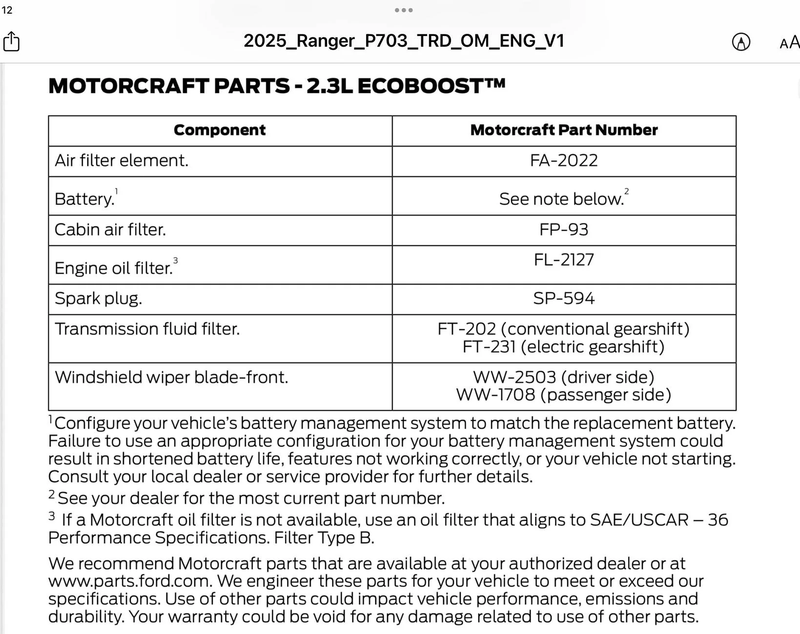 Ford Ranger Wrong Oil Filter for 2025 2.3L Enginer IMG_2092