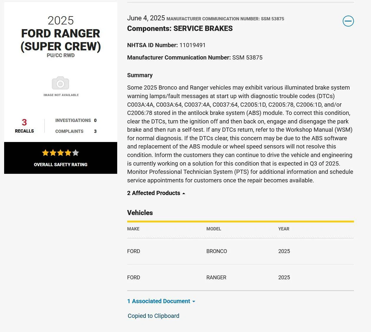 Ford Ranger 2025 Ranger Raptor Brake Failure NHTSA 11019491, SSM 53875