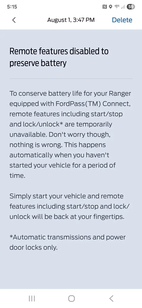 Ford Ranger Remote features disabled message 1000007849