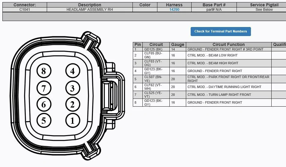 Ford Ranger Headlight wiring harness plug wire identification Rh Headlight plug 2020 wire pin out