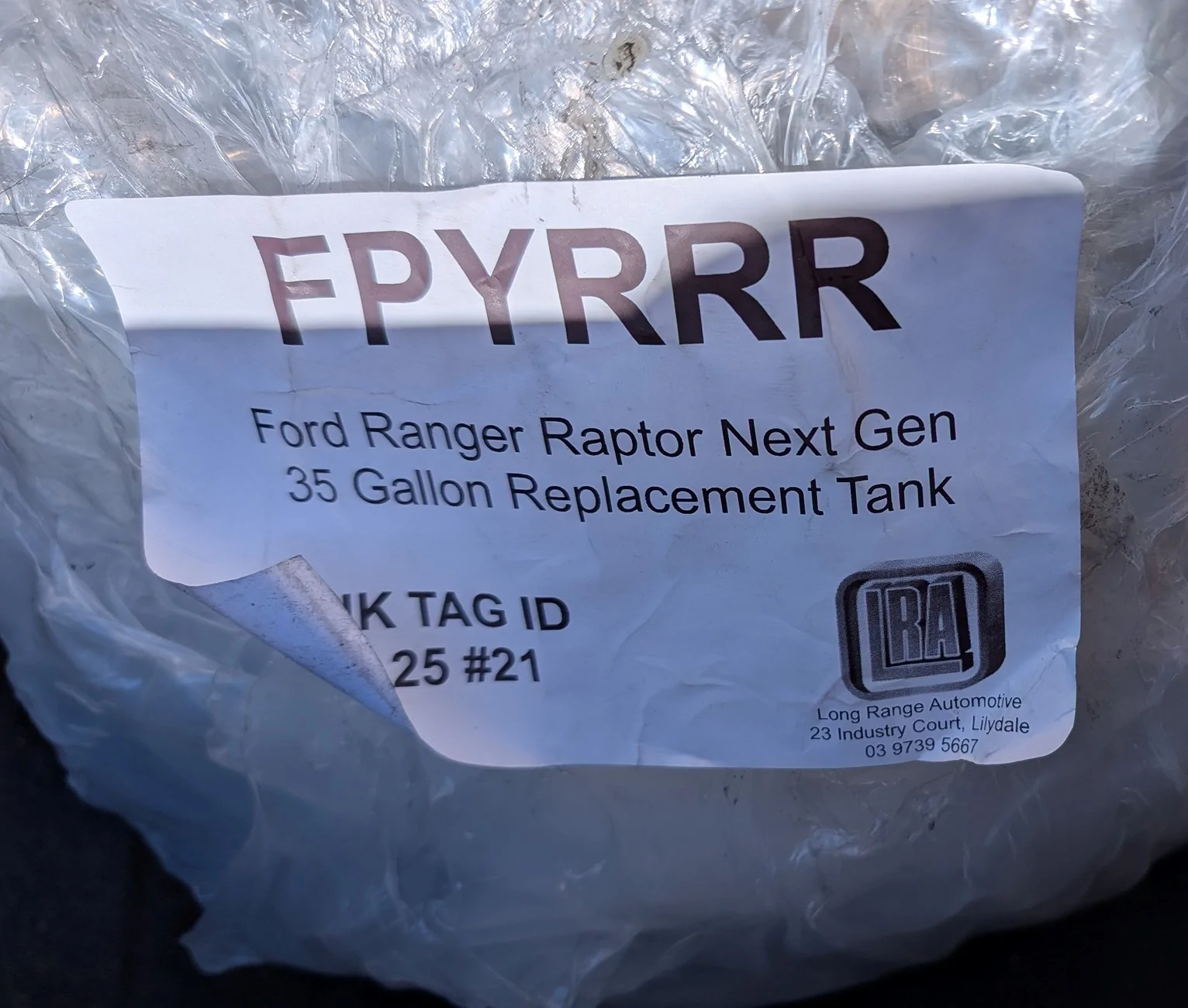 Ford Ranger FS:  (New) Long Range America (LRA) 35 Gallon Fuel Tank (SF Bay Area) tank sticker