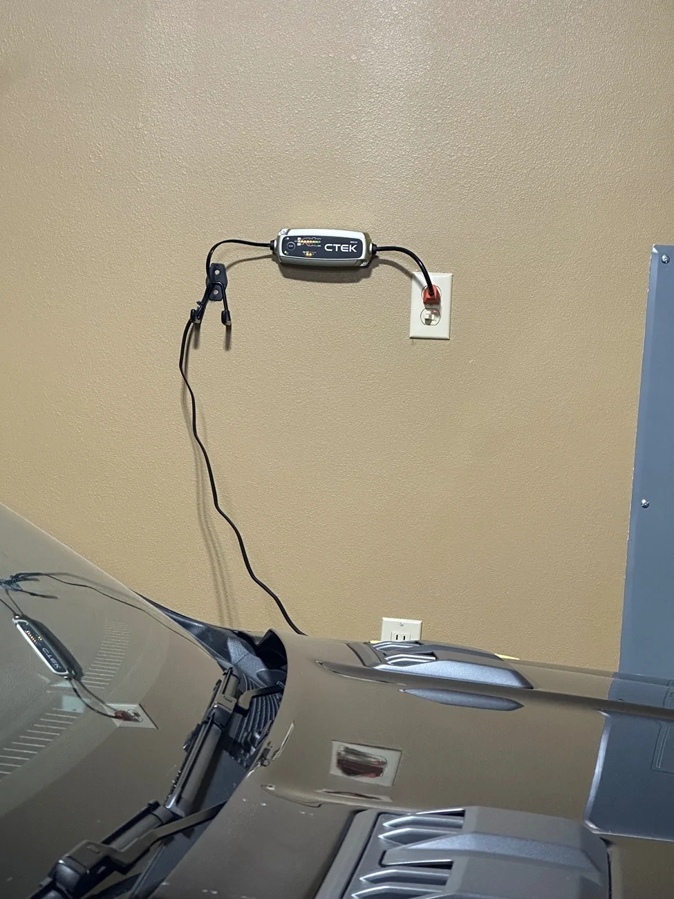 Ford Ranger Battery tender charger mounted high on garage wall IMG_6962