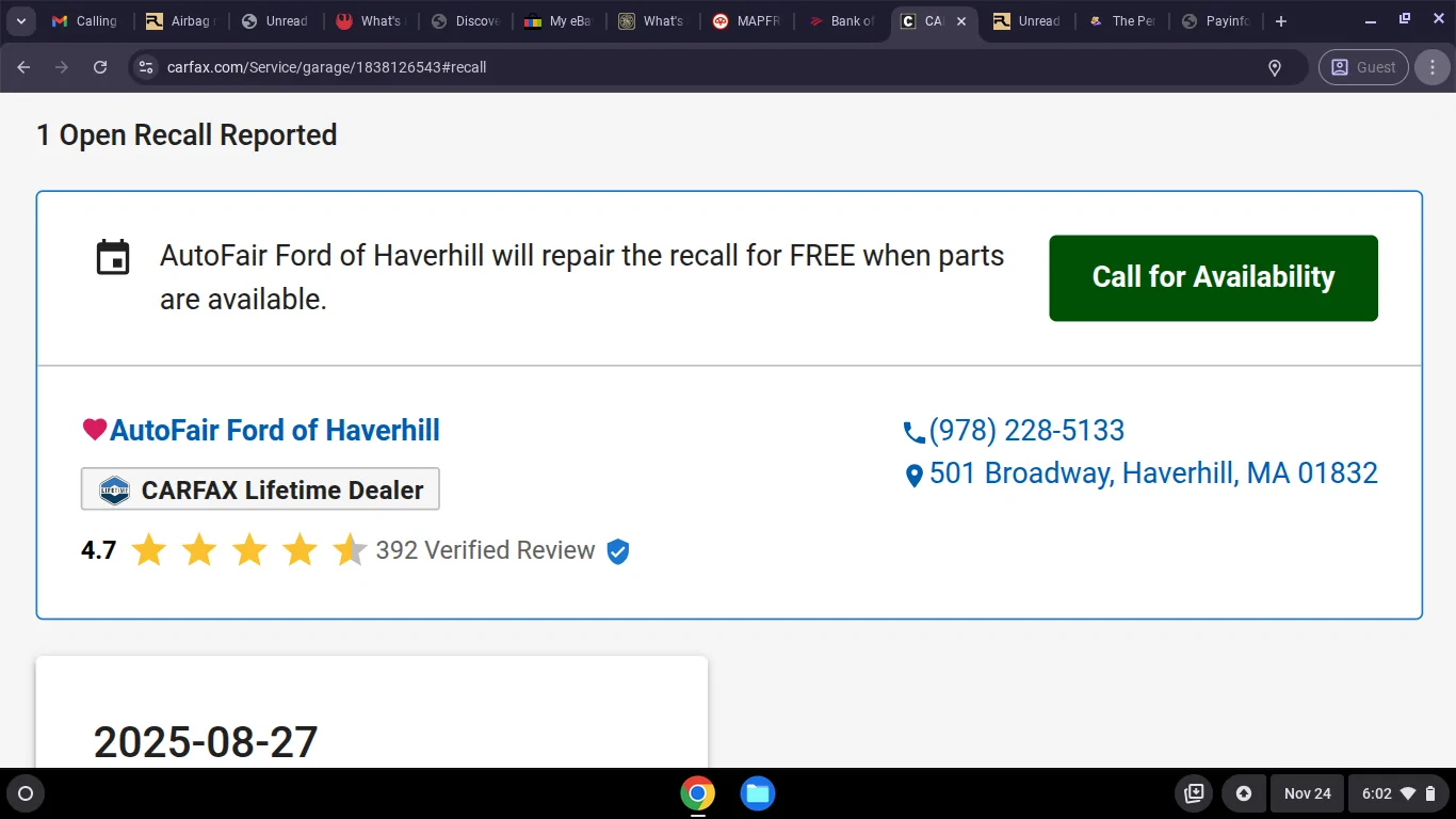 Ford Ranger Airbag recall (side air curtain) for 2024-2026 Ranger -- 100,900 units affected Screenshot 2025-11-24 6.02.36 PM