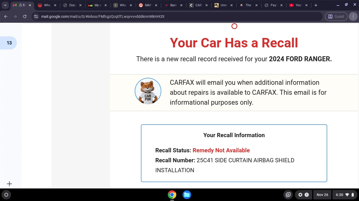 Ford Ranger Airbag recall (side air curtain) for 2024-2026 Ranger -- 100,900 units affected Screenshot 2025-11-26 6.30.35 PM