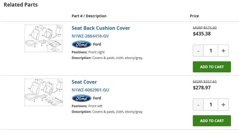 Ford Ranger Seat cover part #’s 1764345552019-xx