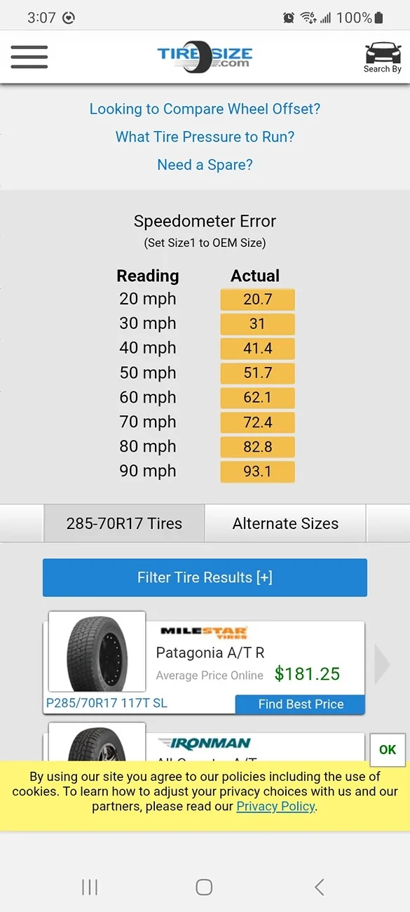Ford Ranger 265/70R17 or 285/70R17 - is there that much difference? Screenshot_20260208_150728_DuckDuckGo