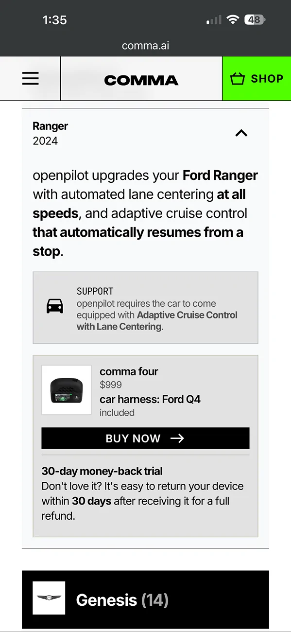 Ford Ranger Hands-free drive Comma.ai Four installed on 2024 Ranger Raptor IMG_4381