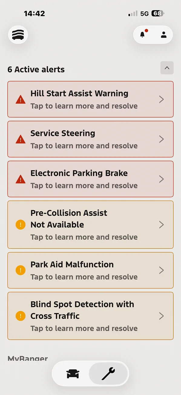 Ford Ranger Multiple safety alerts on the dashboard and the app IMG_4563