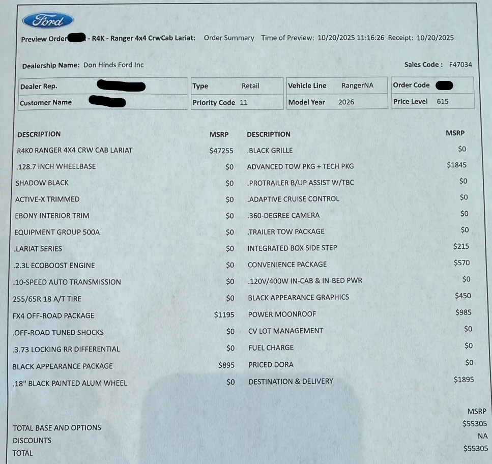 Ford Ranger 2026 Ranger with power moonroof build date confirmation Ranger order