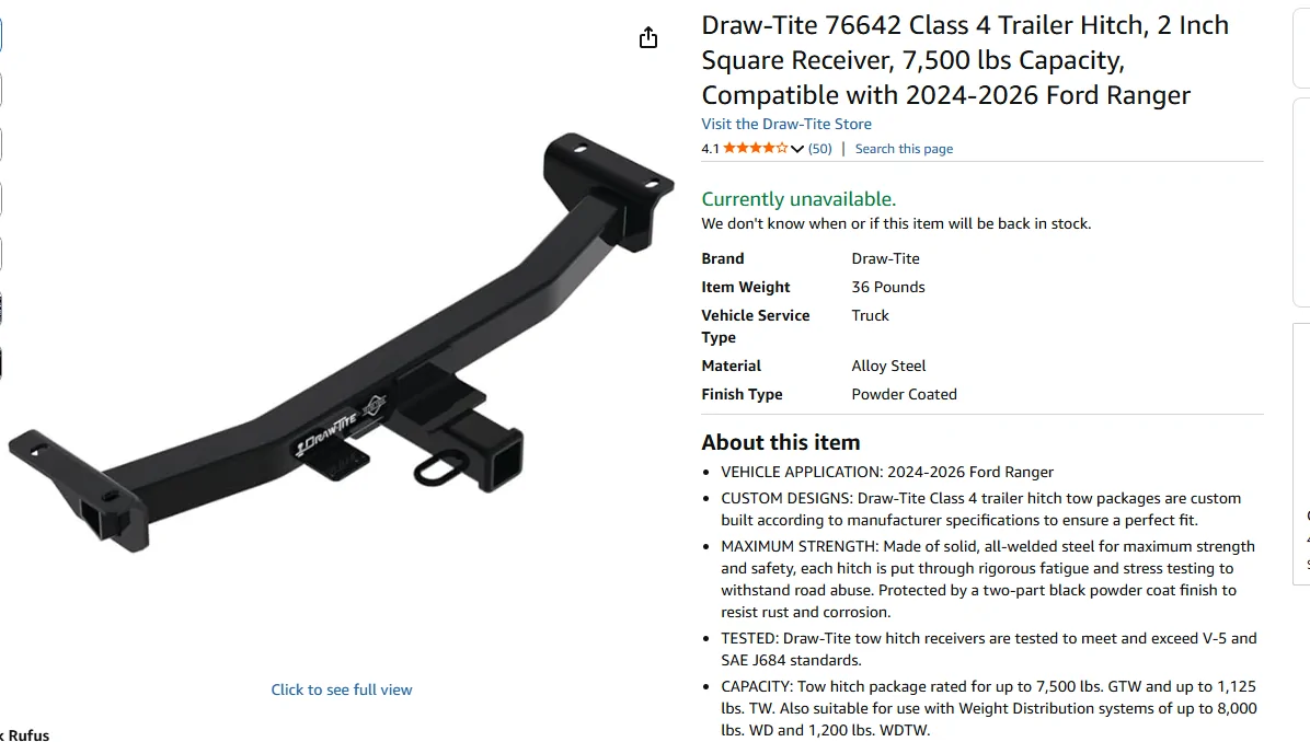 Ford Ranger What is the maximum trailer/cargo weight  (GVWR) of a 2.3 Ranger without tow package (and aftermarket Class 3 hitch installed)? 1774879604752-1k