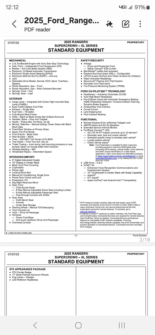 Ford Ranger 2025 Ranger XL/STX  Cannot tell if it has Sync 4 or 4a. Screenshot_20260406_121220_Samsung Notes