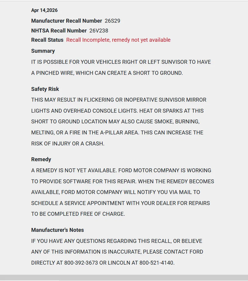 Ford Ranger New April 14, 2026 Recall/Possible Wire short in visors April26Recall