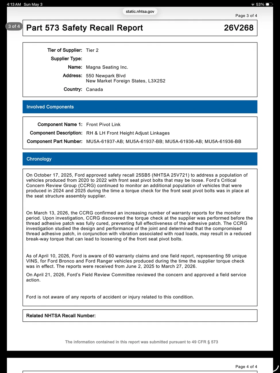 Ford Ranger Ford Recall 26S30 -- Loose Front Seat Bolts in 2024-2026 Ranger IMG_0120