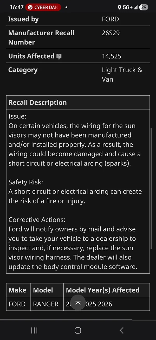 Ford Ranger Latest recall 2025 XLT. Screenshot_20260509_164706_Samsung Browser