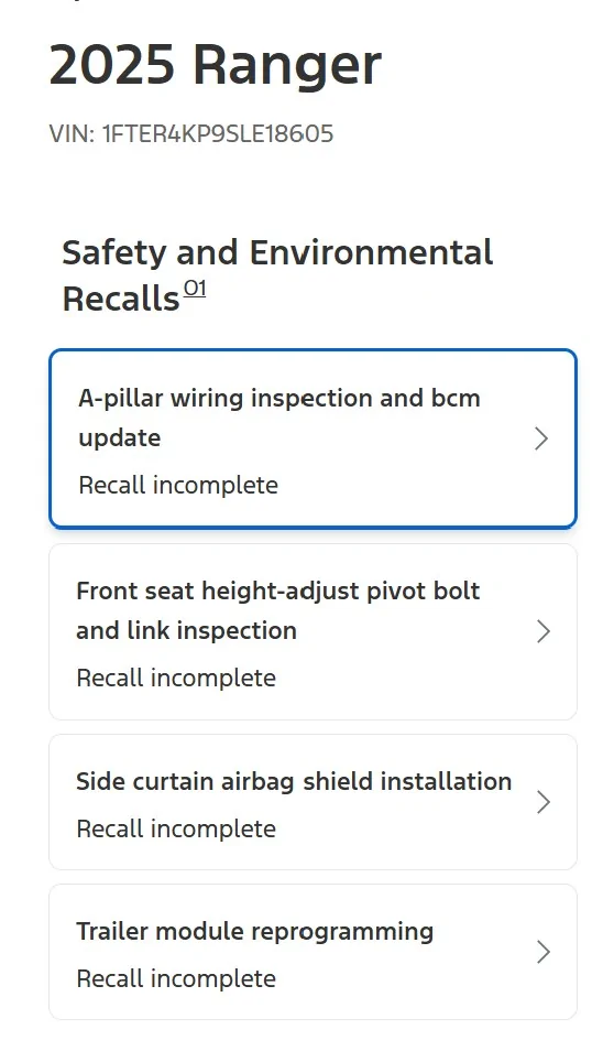 Ford Ranger Latest recall 2025 XLT. Screenshot 2026-05-12 100502