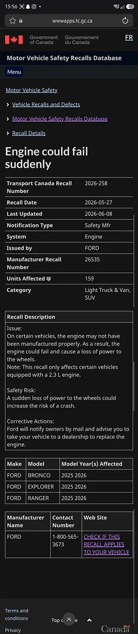 Ford Ranger Engine Camshaft Roller Finger Followers Recall Screenshot_20260612_155603_Samsung Browser