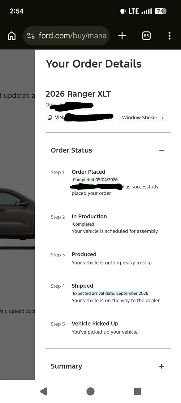 Ford Ranger Ford updated the order tracker, no more Built date? Screenshot_20260701-145404