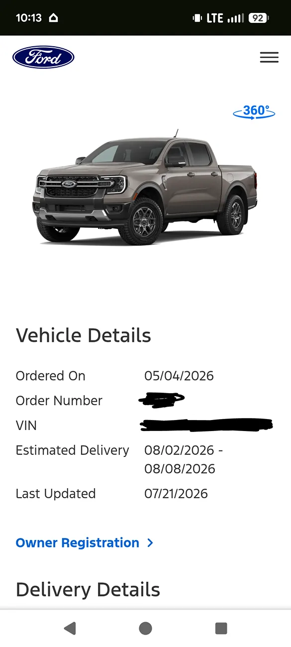 Ford Ranger How accurate is delivery window once shipped? Screenshot_20260722-101337