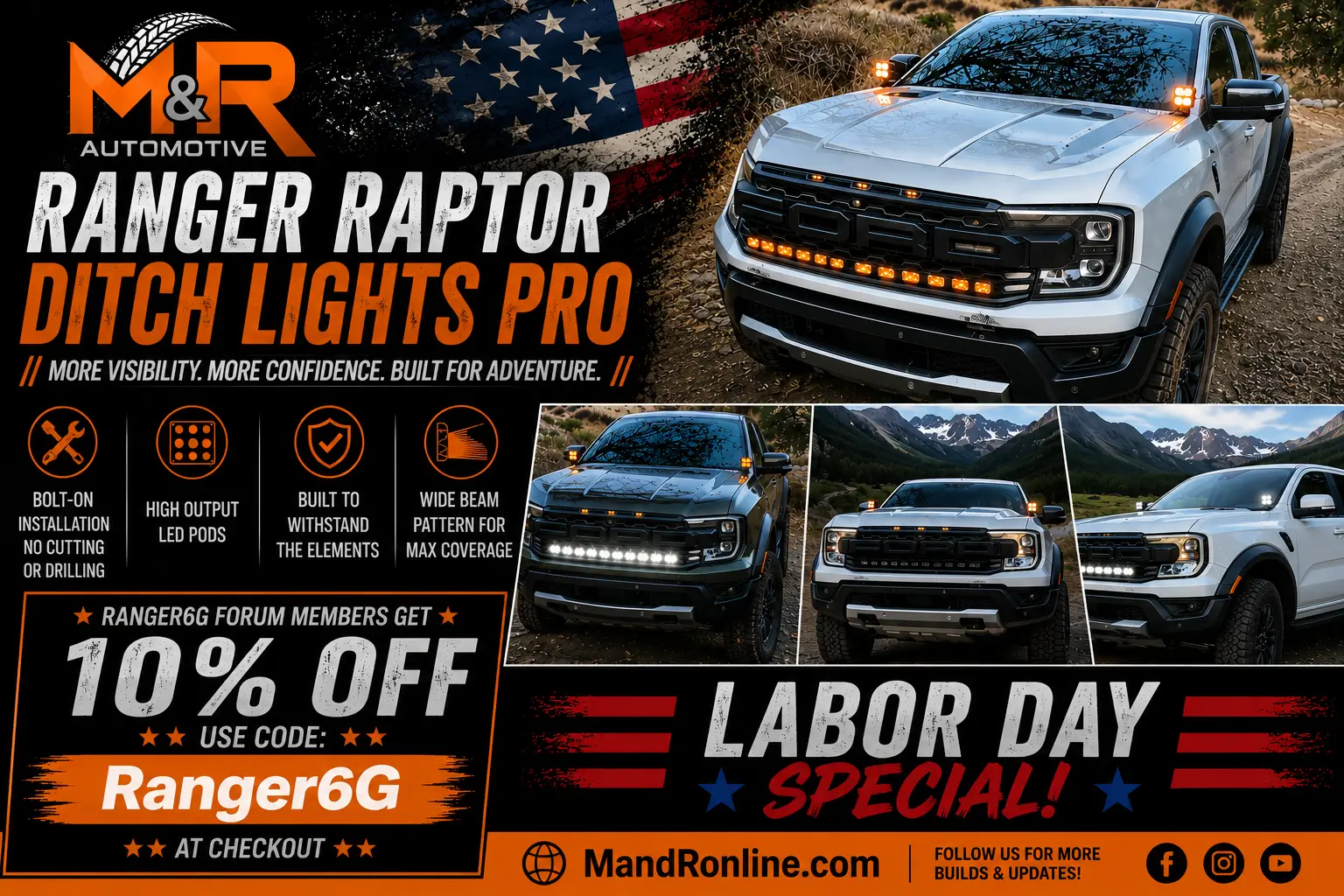 Ford Ranger Labor Day Special: Light Up Your Ranger Raptor & Save 10% Ranger6G: Ranger Raptor Ditch Lights PRO