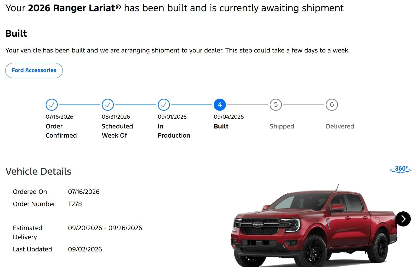 Ford Ranger 2026 Ranger Lariat with 2.7 Ecobost is built and shipped! Ranger Order Built