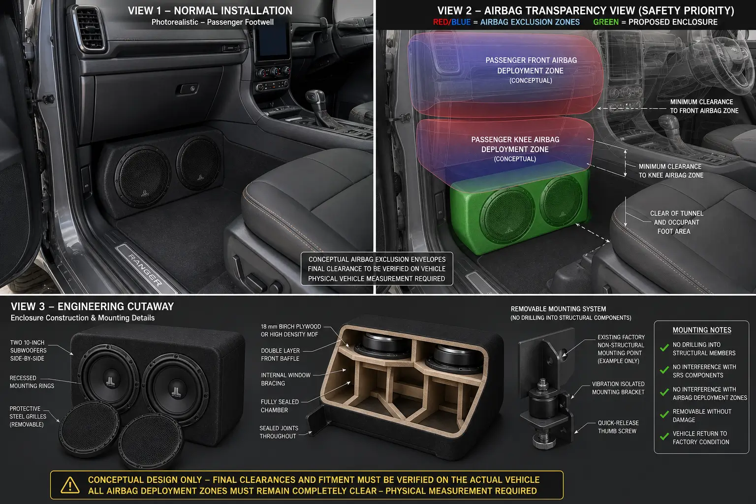 Ford Ranger Front passenger footwell - Planning a sealed enclosure for a 12" sub ai design