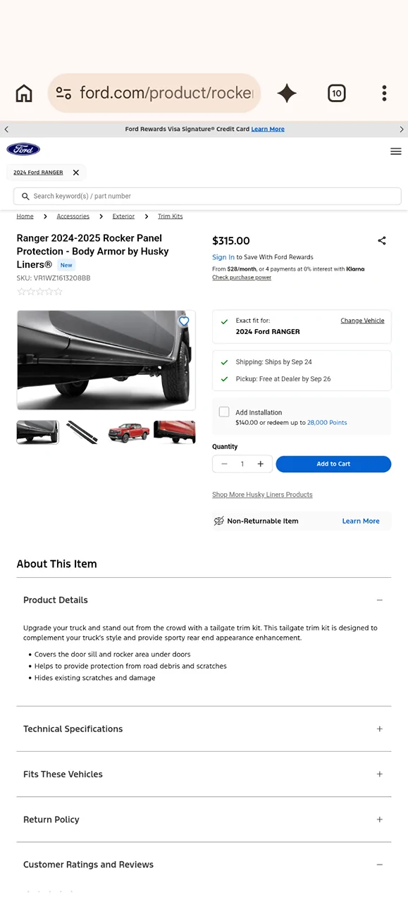Ford Ranger Husky Liners Trail Armor Rocker Panel | Fits 2024-2026 Ford Ranger, SuperCrew Screenshot_20260921-161526