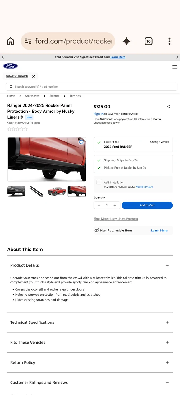 Ford Ranger Husky Liners Trail Armor Rocker Panel | Fits 2024-2026 Ford Ranger, SuperCrew Screenshot_20260921-164748