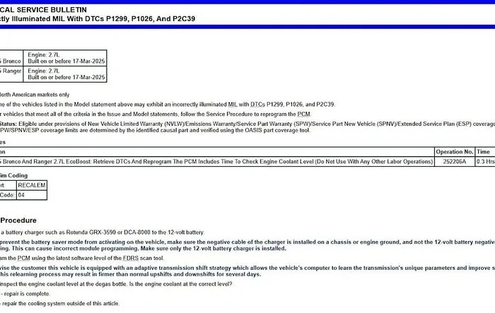TSB 25-2206: 2024-2025 Ranger 2.7L Incorrectly Illuminated MIL (Check Engine) with DTCs P1299, P1026 and P2C39