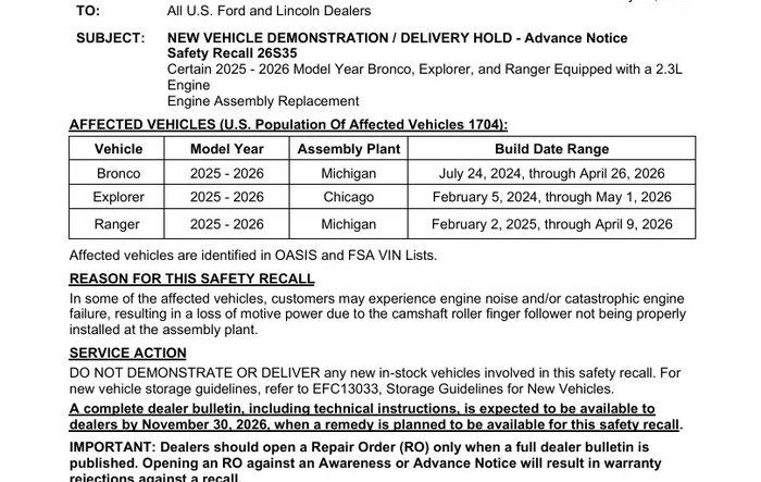 Recall 26S35: 2025-2026 Ranger 2.3L Engine Assembly Replacement [May 28, 2026]